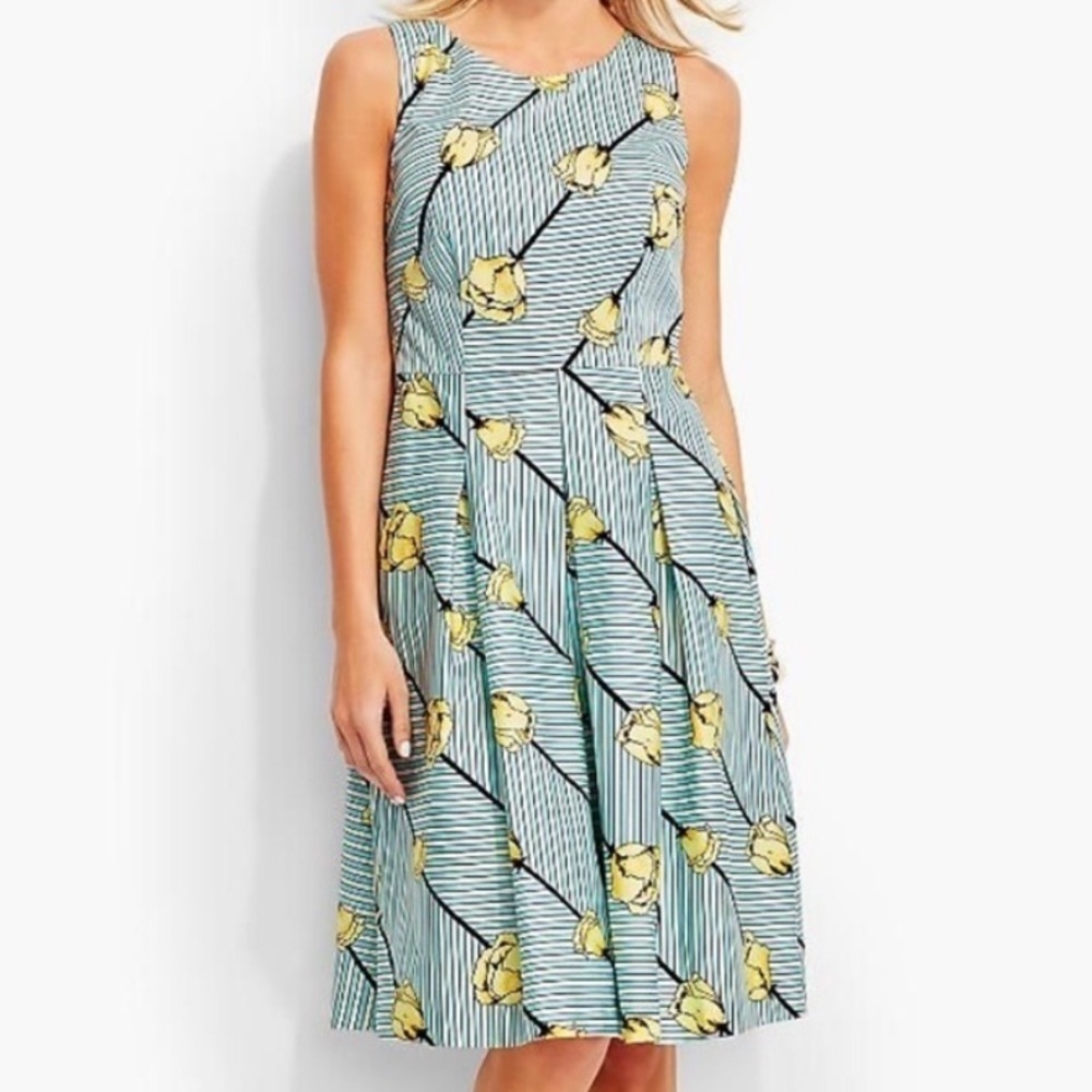 Talbots Crisp Tulip Sleeveless A Line Pleated Dress  Blue Yellow Stripe Sz 2